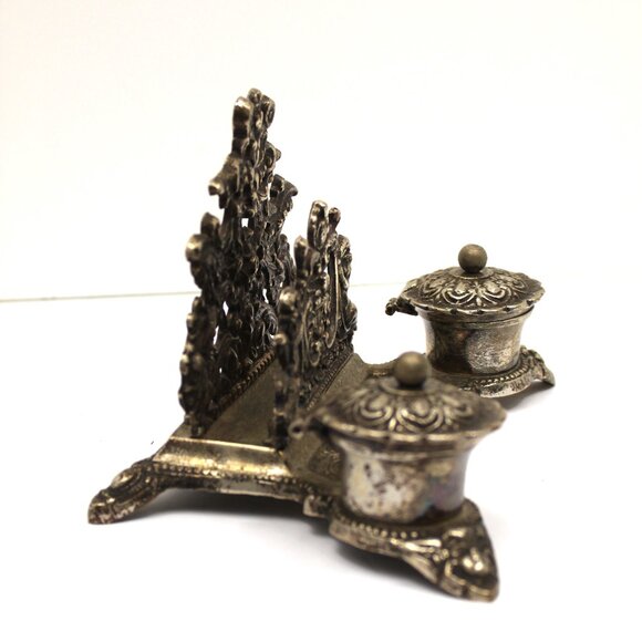 Rococo Style Silver Plated Brass Desktop Double Inkwell w/Cherubs Letter Holder - Picture 7 of 11